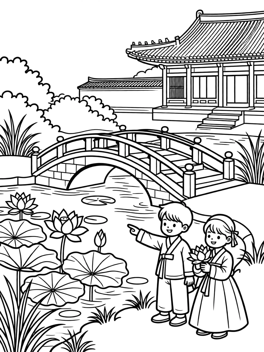 (South Korea) A peaceful palace garden with a lotus pond and a small curved stone bridge.