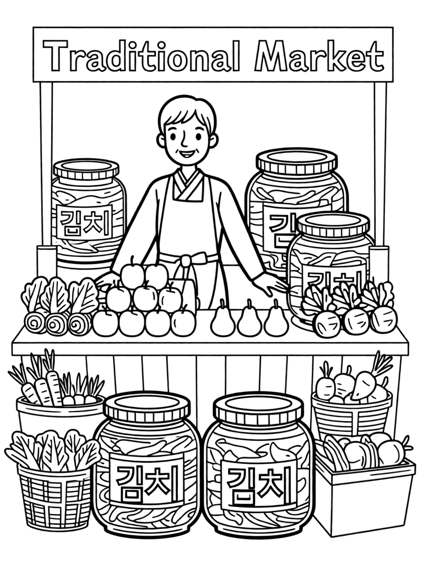 (South Korea) A vendor at a traditional market selling fruits, vegetables, and jars of kimchi.