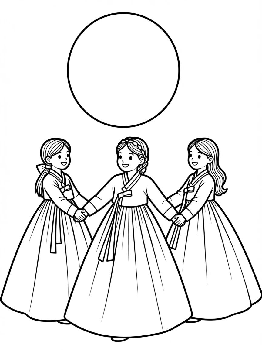 (South Korea) Girls in hanbok holding hands and dancing in a circle under the full moon (Ganggangsullae dance).