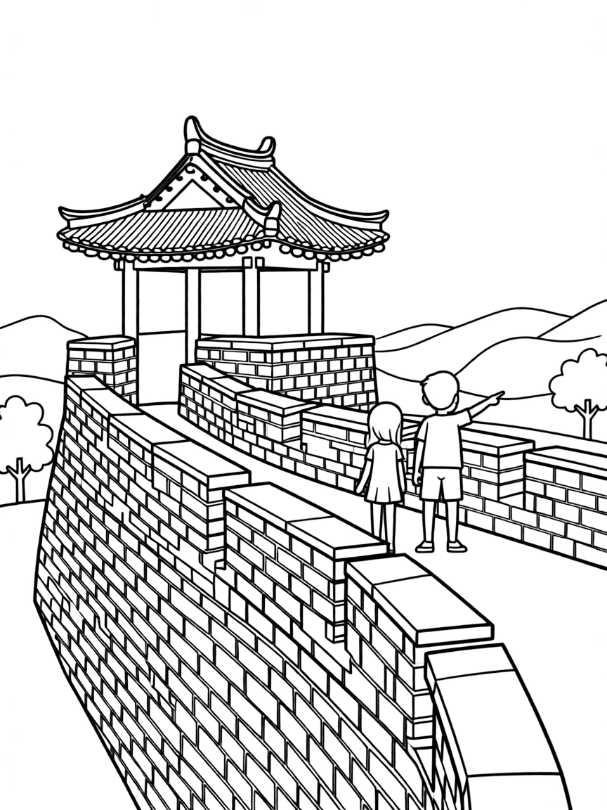 (South Korea) The old walls of Suwon Hwaseong Fortress with a guard tower overlooking the land.