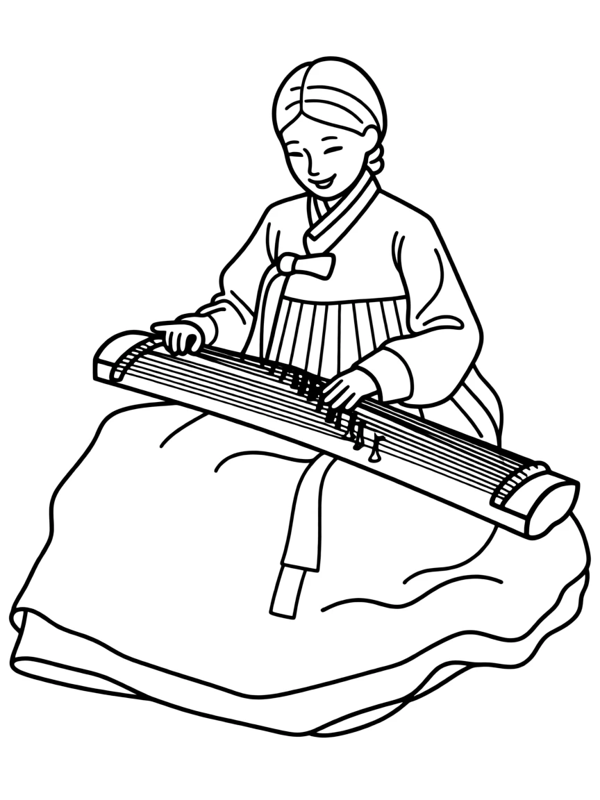(South Korea) A musician in hanbok sitting and playing a gayageum (traditional zither instrument).