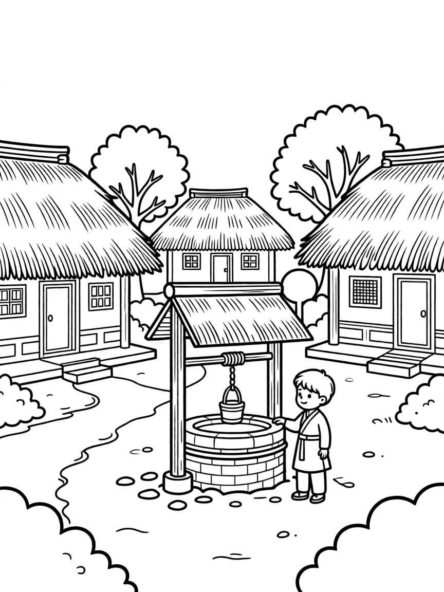 (South Korea) A folk village scene with straw-roofed houses and an old water well.