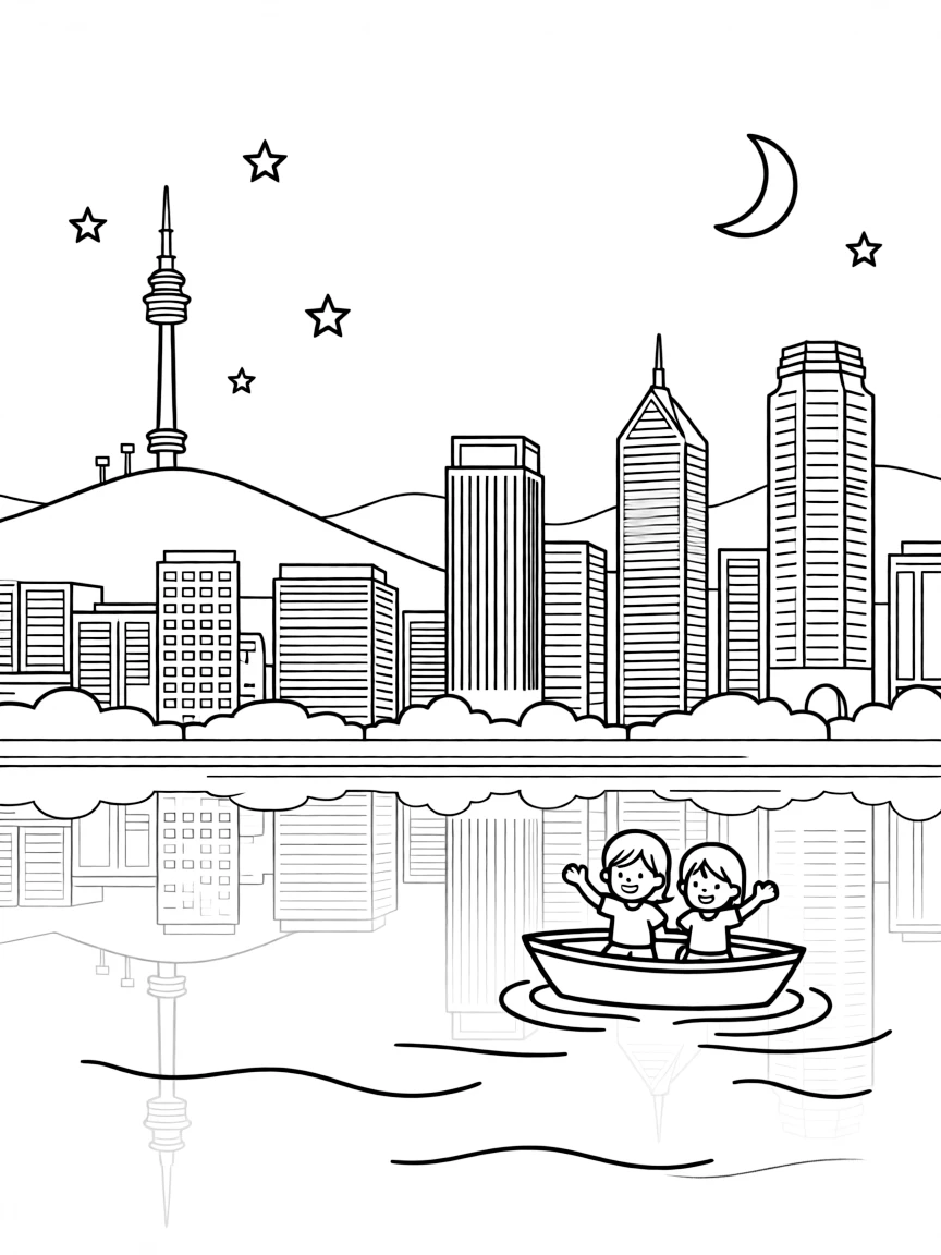 (South Korea) The bright city lights of Seoul at night reflected on the Han River.