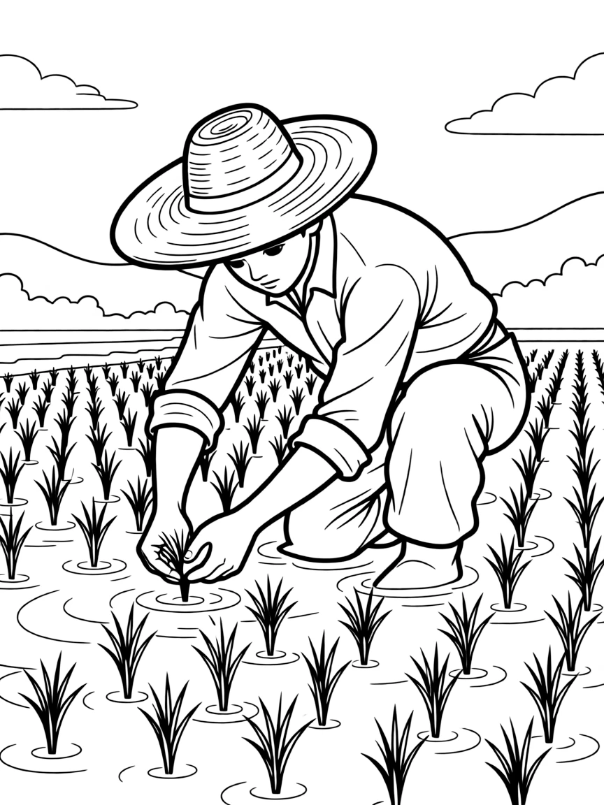 (South Korea) A farmer in a straw hat planting rice seedlings in a green paddy field.