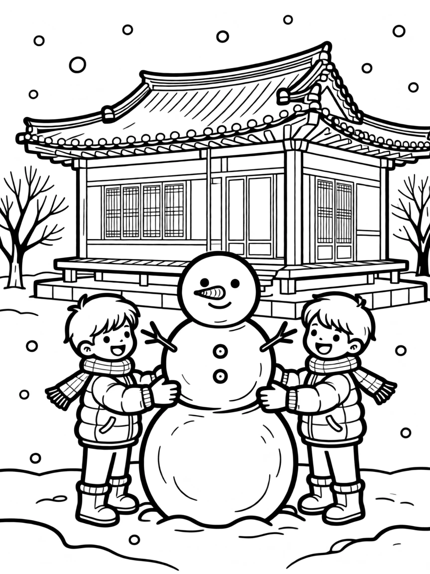 (South Korea) Children building a snowman outside a traditional hanok house on a winter day.