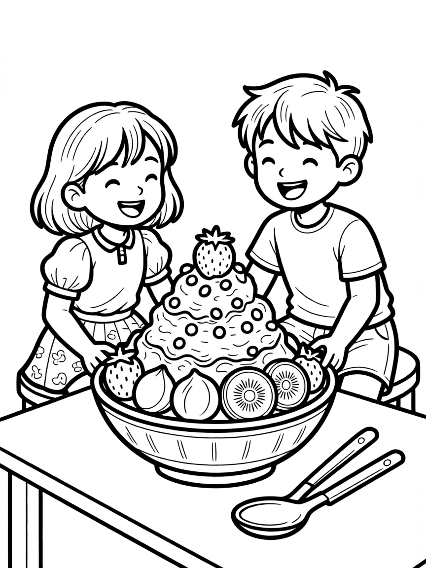(South Korea) Two kids sharing a big bowl of patbingsu (Korean shaved ice dessert topped with fruit).