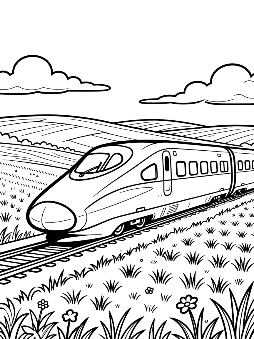 (South Korea) A sleek KTX high-speed train racing through the countryside past green fields.