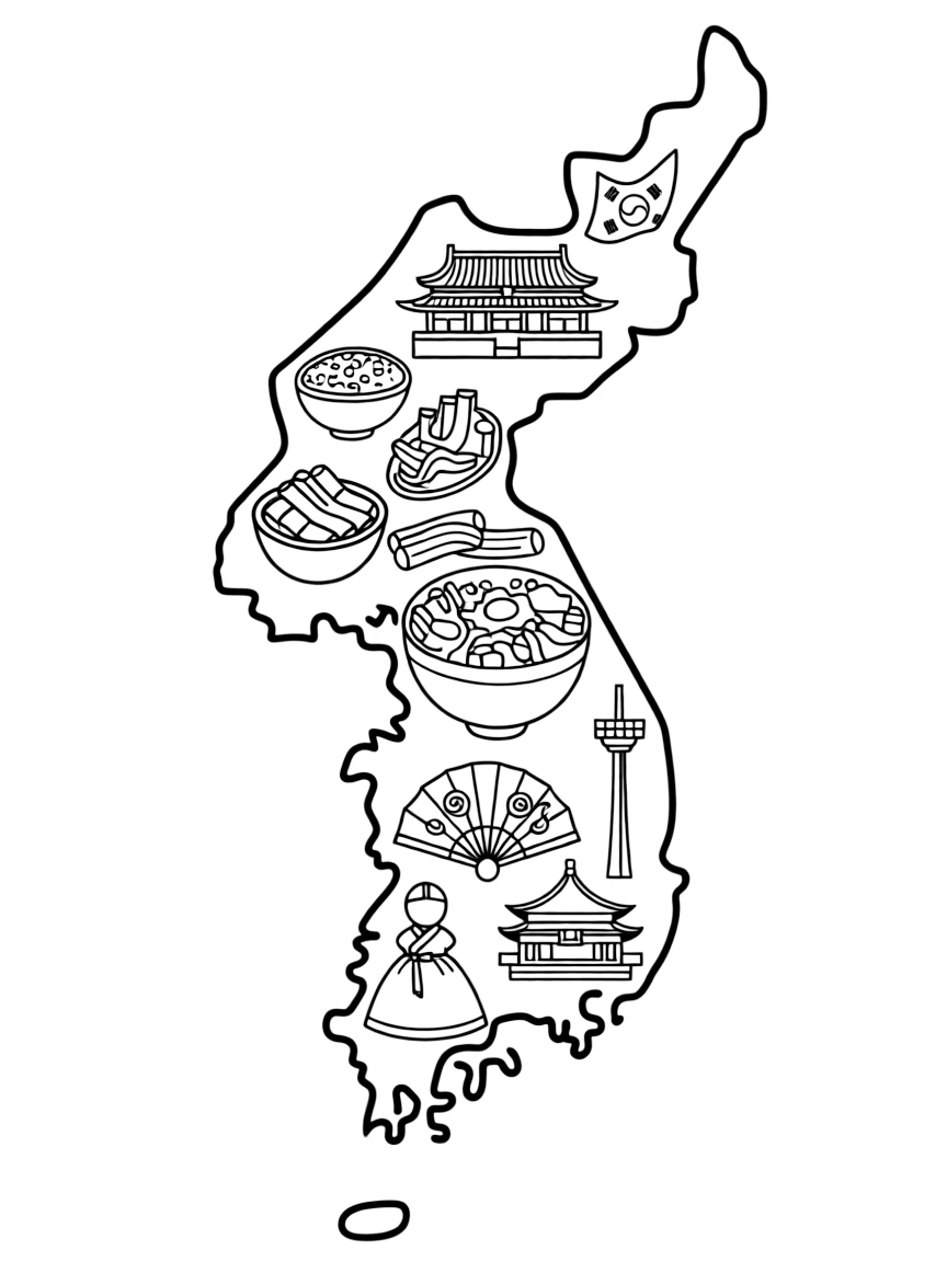 (South Korea) An outline map of South Korea filled with tiny drawings of its famous foods, landmarks, and cultural symbols.