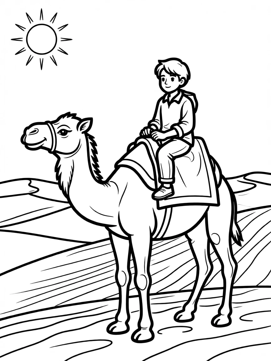 (Egypt) A camel carrying a traveler across the hot golden sands of the desert.
