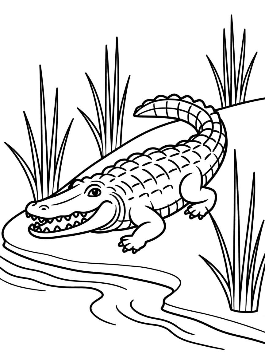 (Egypt) A Nile crocodile basking on a riverbank among the reeds.
