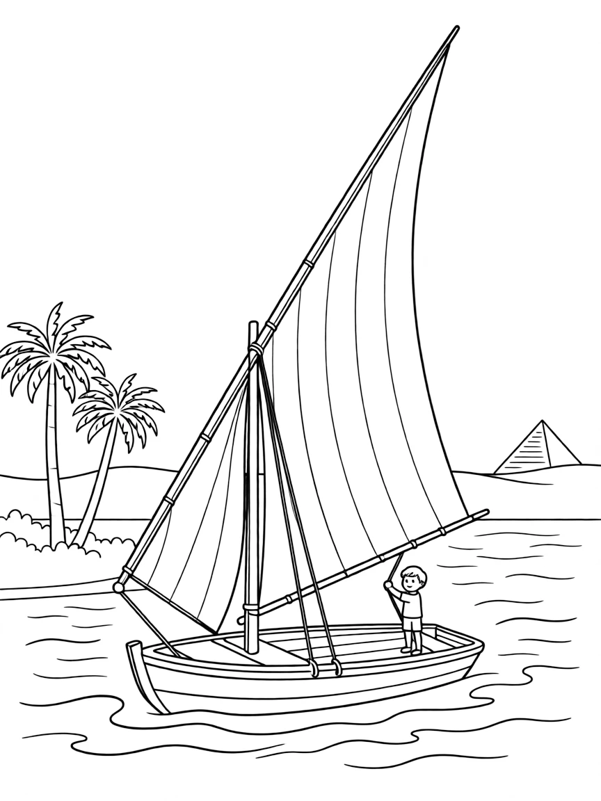 (Egypt) A felucca sailboat with a large triangular sail gliding down the Nile River.