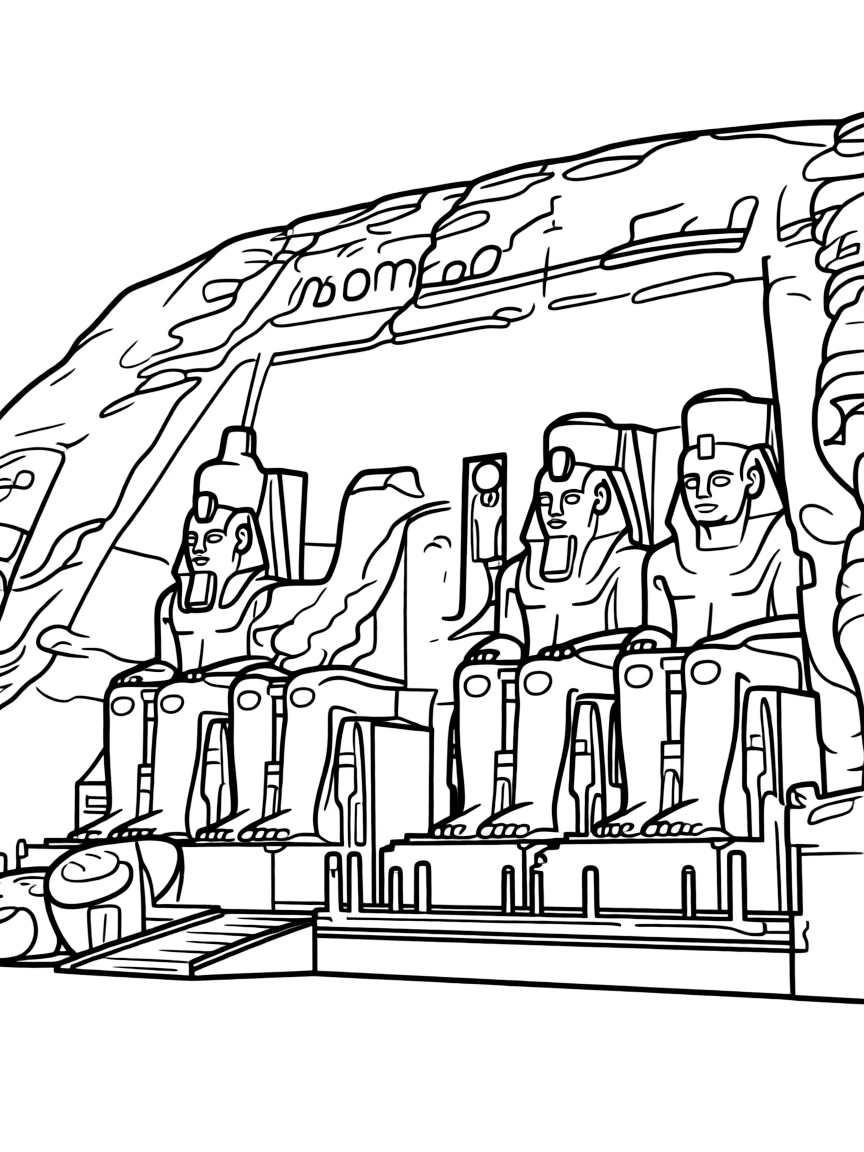 (Egypt) The massive seated statues at Abu Simbel temple carved into a cliffside.