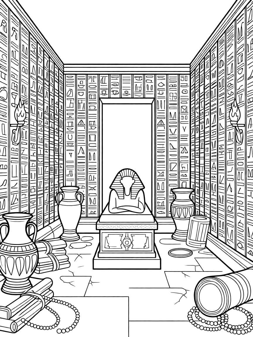 (Egypt) The interior of a pyramid tomb with walls full of hieroglyphs and hidden treasures.