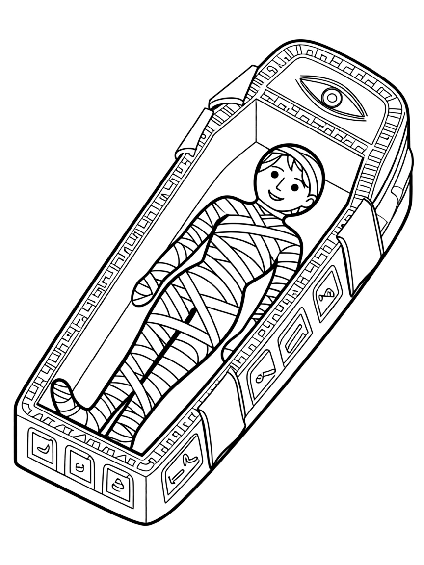 (Egypt) An Egyptian mummy wrapped in bandages resting in a decorated sarcophagus.