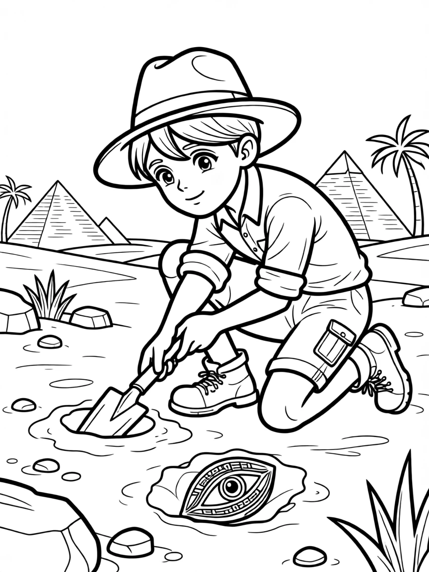 (Egypt) An archaeologist carefully digging in the sand and discovering a shiny golden artifact.