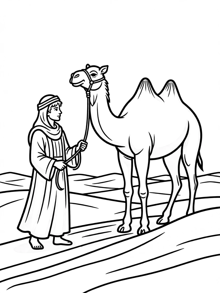 (Egypt) A Bedouin man in traditional robes leading his camel through the dunes.