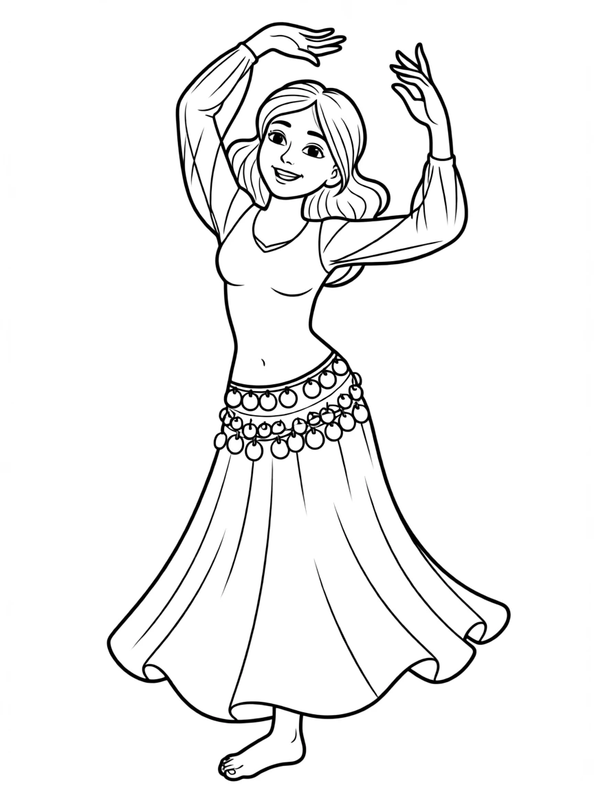 (Egypt) A dancer performing a belly dance with a colorful costume and jingling coin belt.