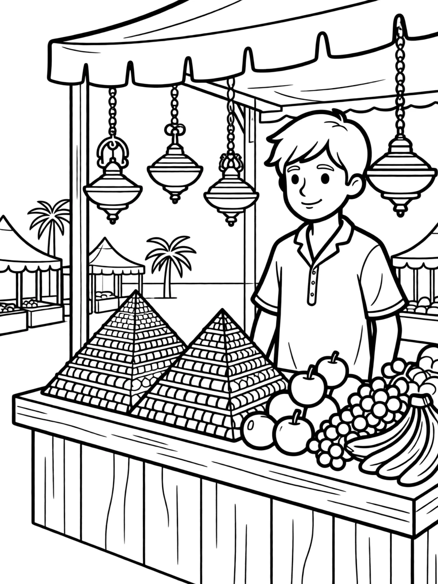 (Egypt) A busy bazaar stall with pyramids of spices, heaps of fruits, and brass lamps hanging.