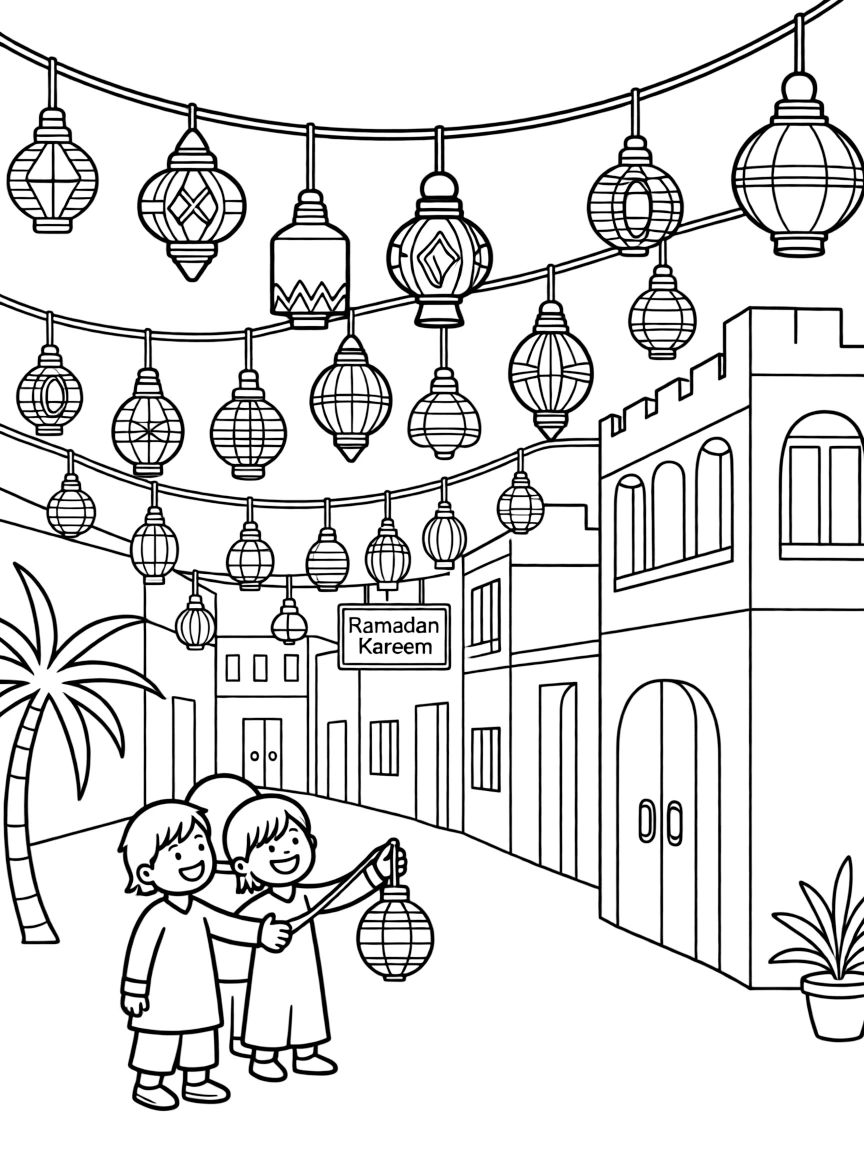 (Egypt) A street decorated with many bright fanoos (Ramadan lanterns) hanging overhead.