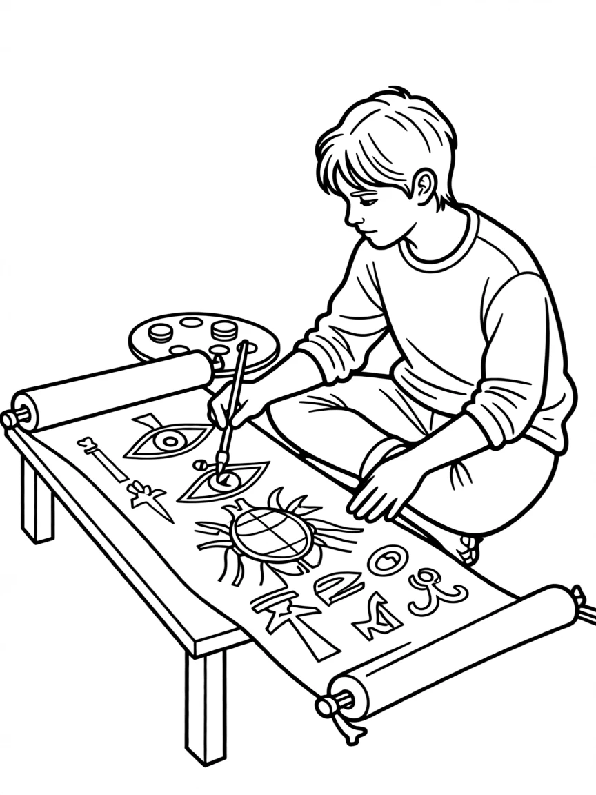(Egypt) An artist painting ancient Egyptian symbols on a papyrus scroll.