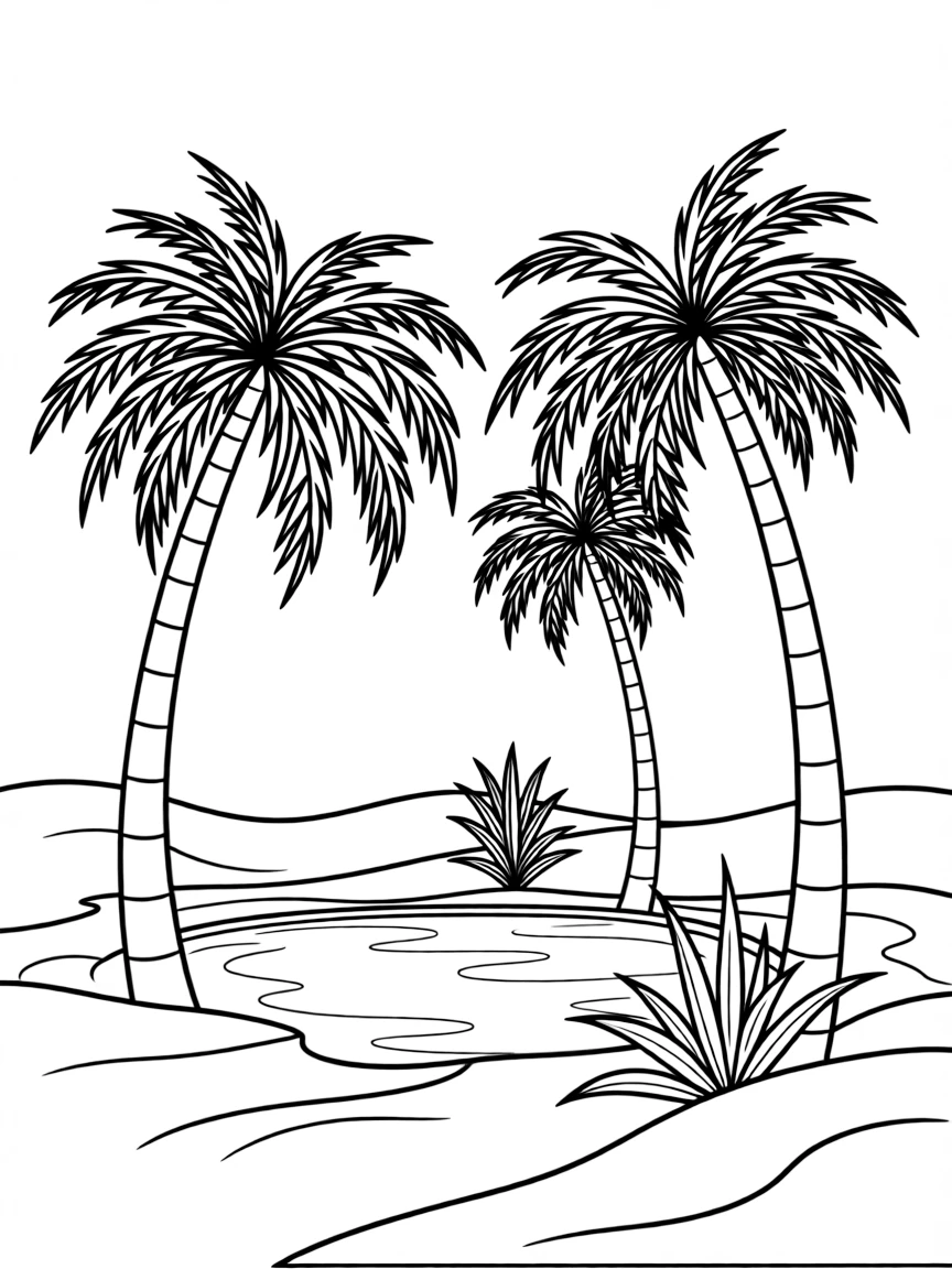 (Egypt) A desert oasis with green palm trees and a small blue pond in the middle of the sand.