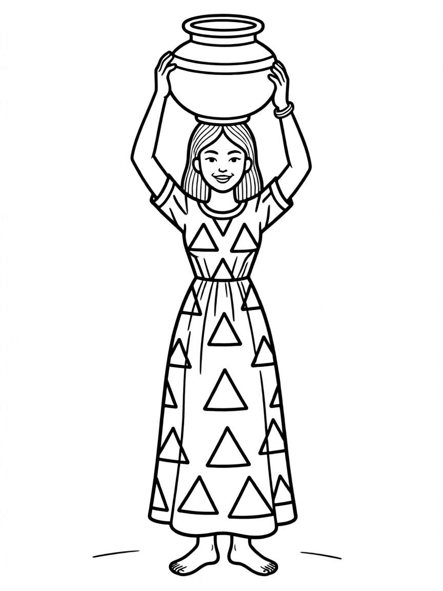 (Egypt) A Nubian woman in a bright patterned dress carrying a clay water pot on her head.