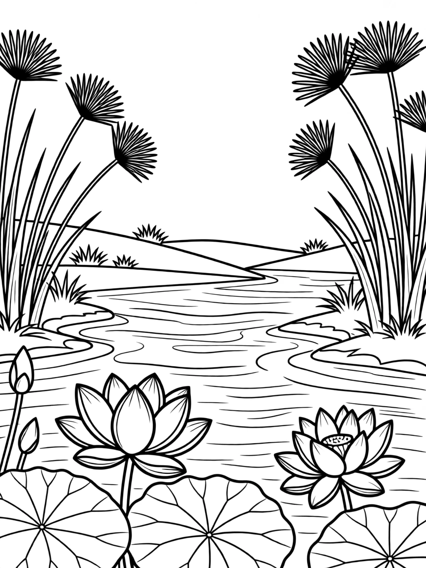 (Egypt) Lotus flowers and papyrus plants growing along the banks of the Nile River.