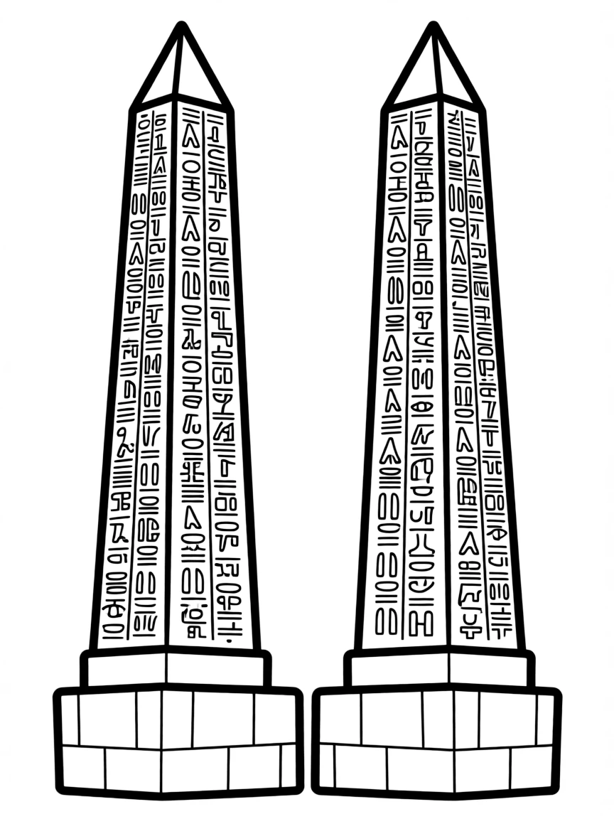 (Egypt) Two tall obelisks with pointed tops, covered in carved hieroglyphs.