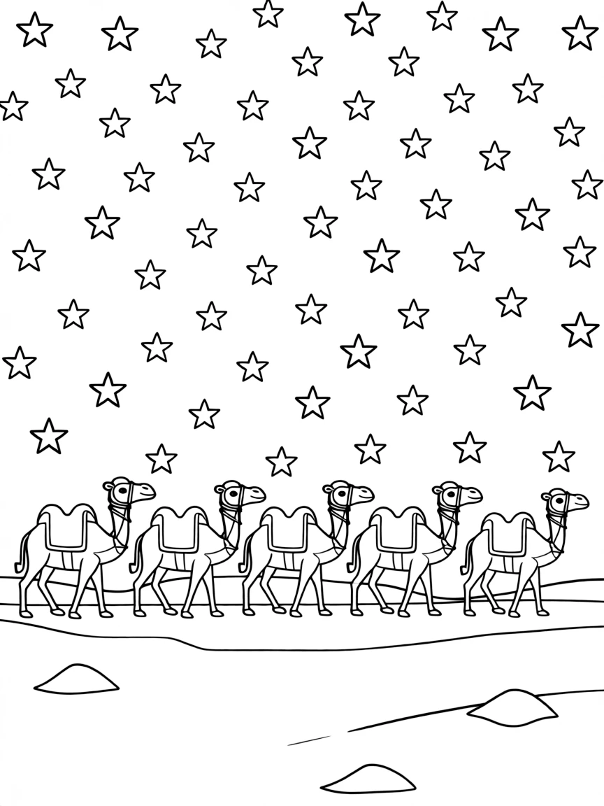 (Egypt) A caravan of camels traveling under a star-filled sky in the desert night.