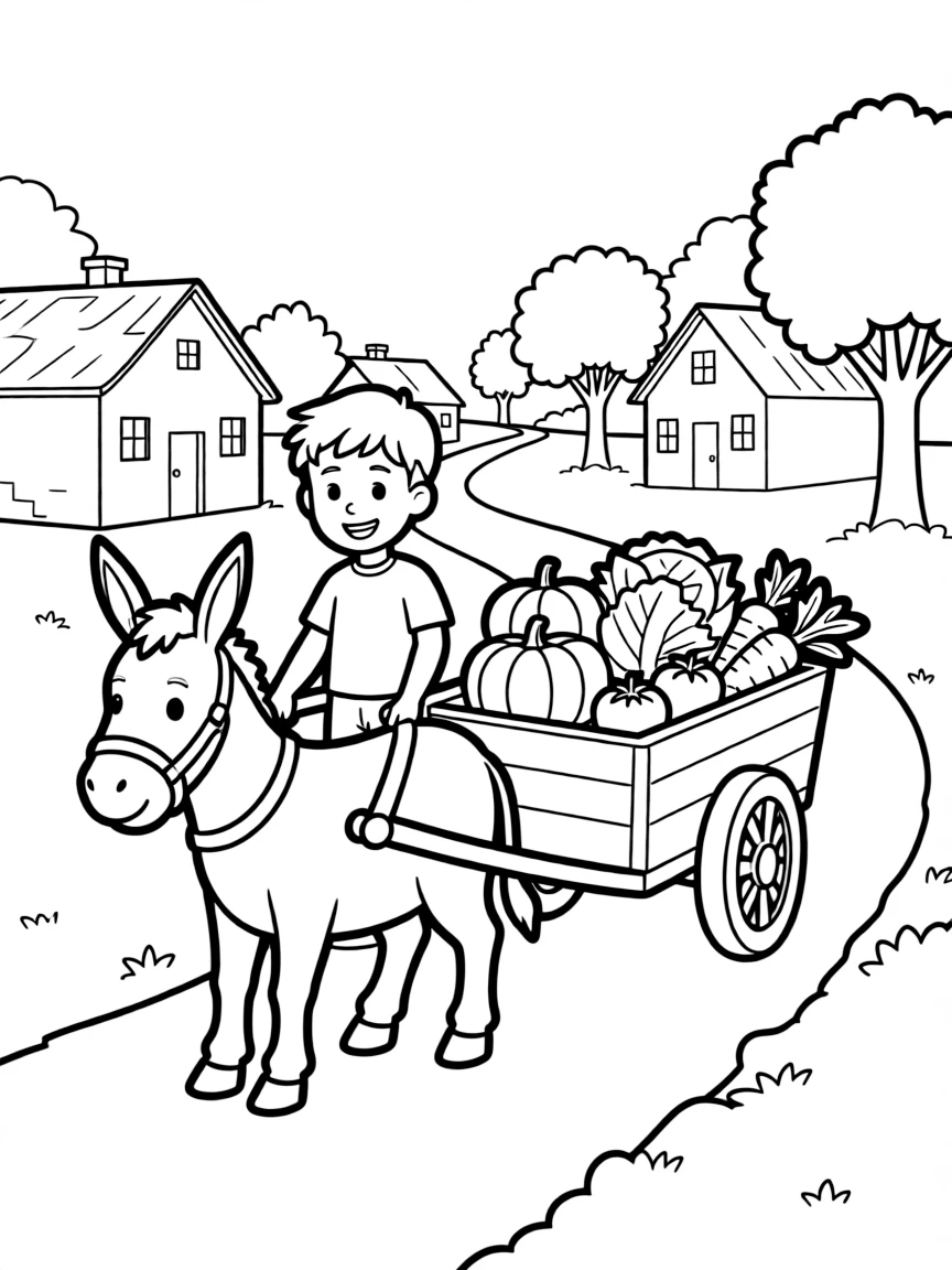 (Egypt) A donkey pulling a cart full of vegetables down a dirt road in a village.