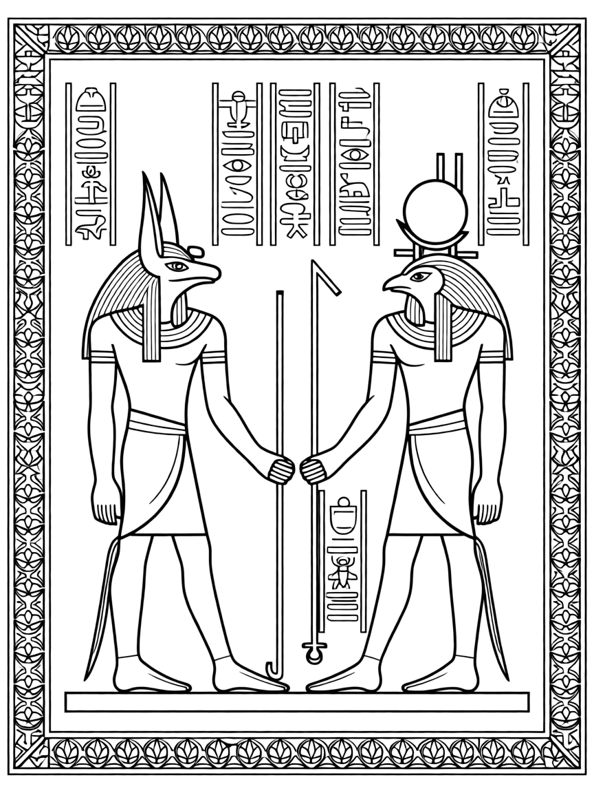 (Egypt) A wall painting of ancient Egyptian gods like Anubis (with a jackal head) and Horus (with a falcon head).