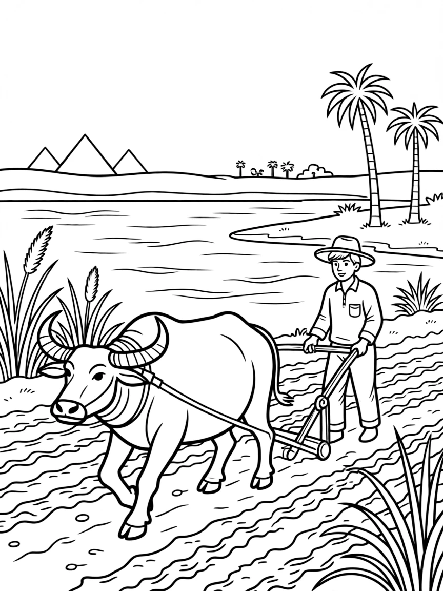(Egypt) A farmer with his water buffalo plowing a field by the Nile River.