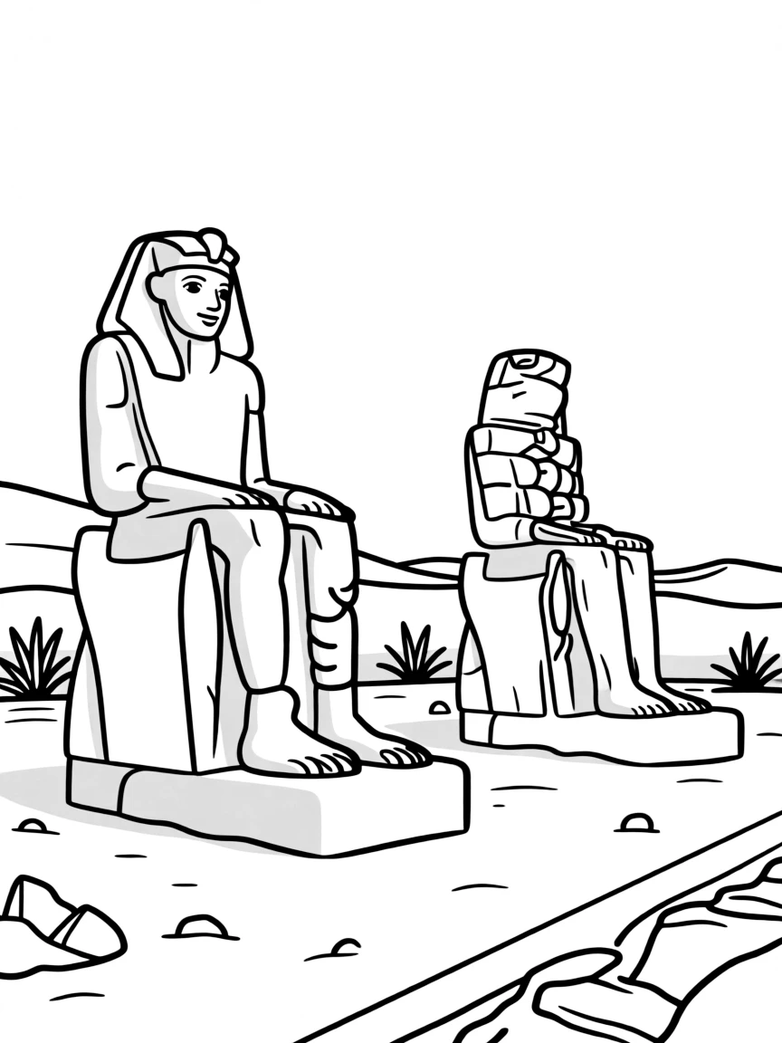 (Egypt) The Colossi of Memnon, two giant seated pharaoh statues standing in the desert.