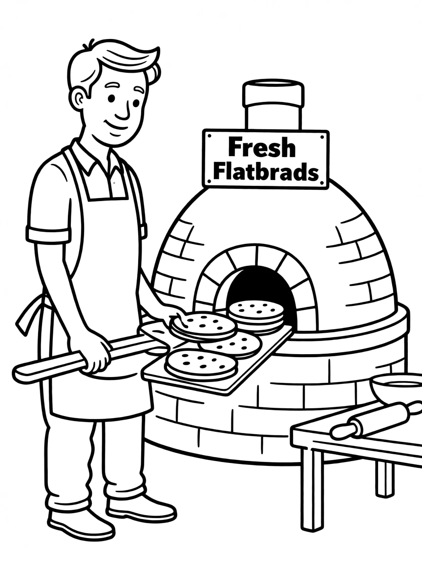 (Egypt) A baker pulling out round flatbreads from a hot clay oven.
