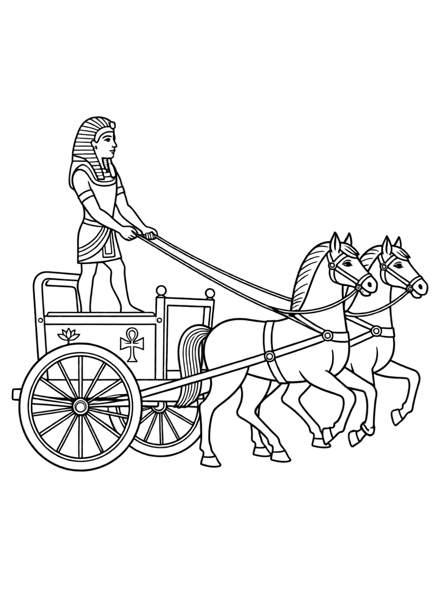 (Egypt) An ancient Egyptian pharaoh riding in a chariot pulled by horses.