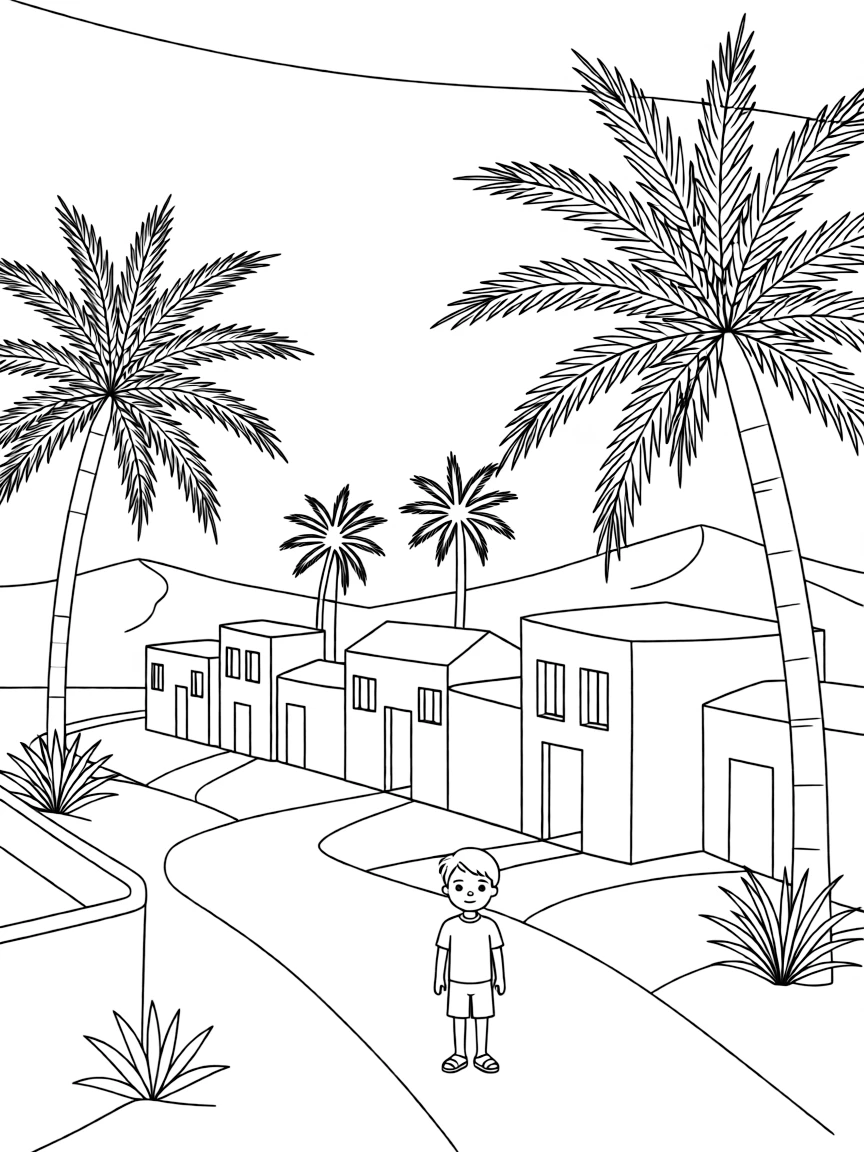 (Egypt) A town in an oasis with mud-brick houses and palm trees all around.