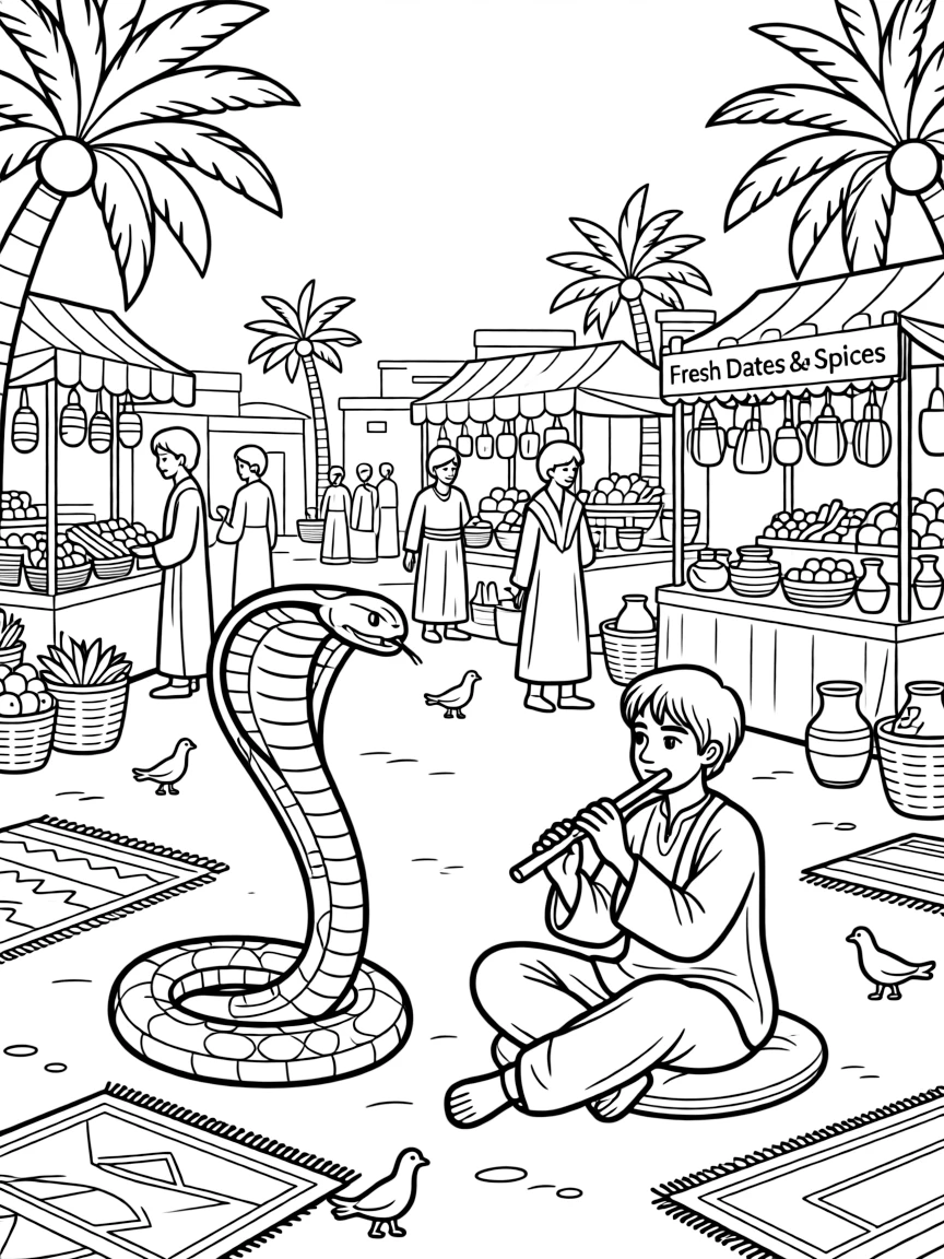 (Egypt) A performer charming a cobra with a flute in a busy market square.