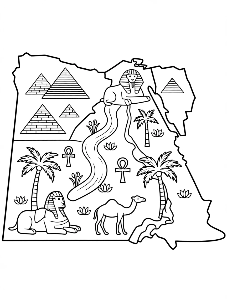 (Egypt) An outline map of Egypt filled with tiny drawings of pyramids, the Nile, and other famous symbols.