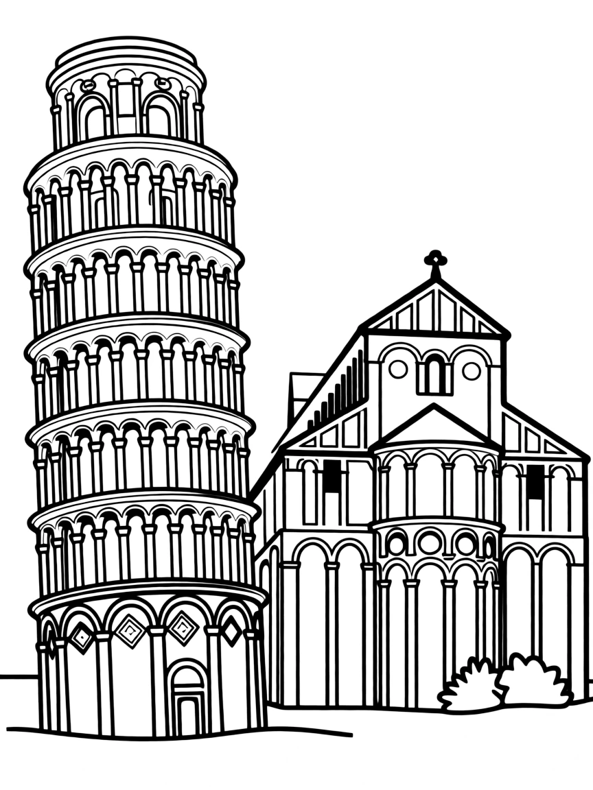 (Italy) The Leaning Tower of Pisa tilting to one side next to a medieval cathedral.