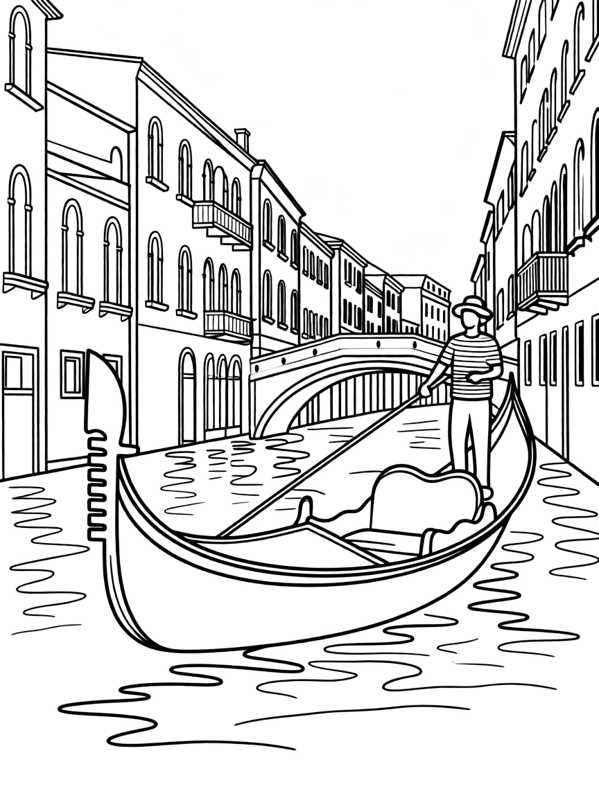 (Italy) A gondola boat sailing along a canal in Venice with a gondolier in a striped shirt.