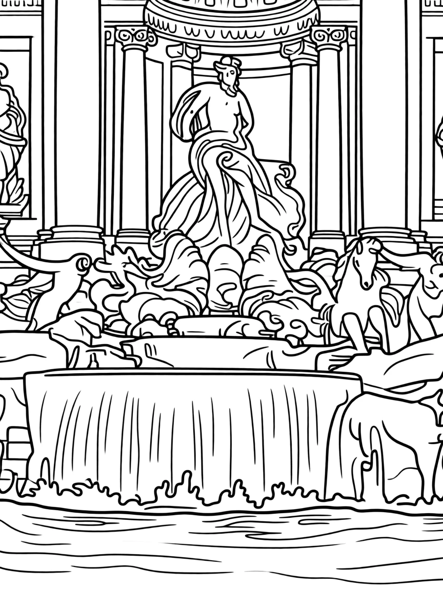 (Italy) The Trevi Fountain in Rome with water splashing and statues of a sea god and horses.