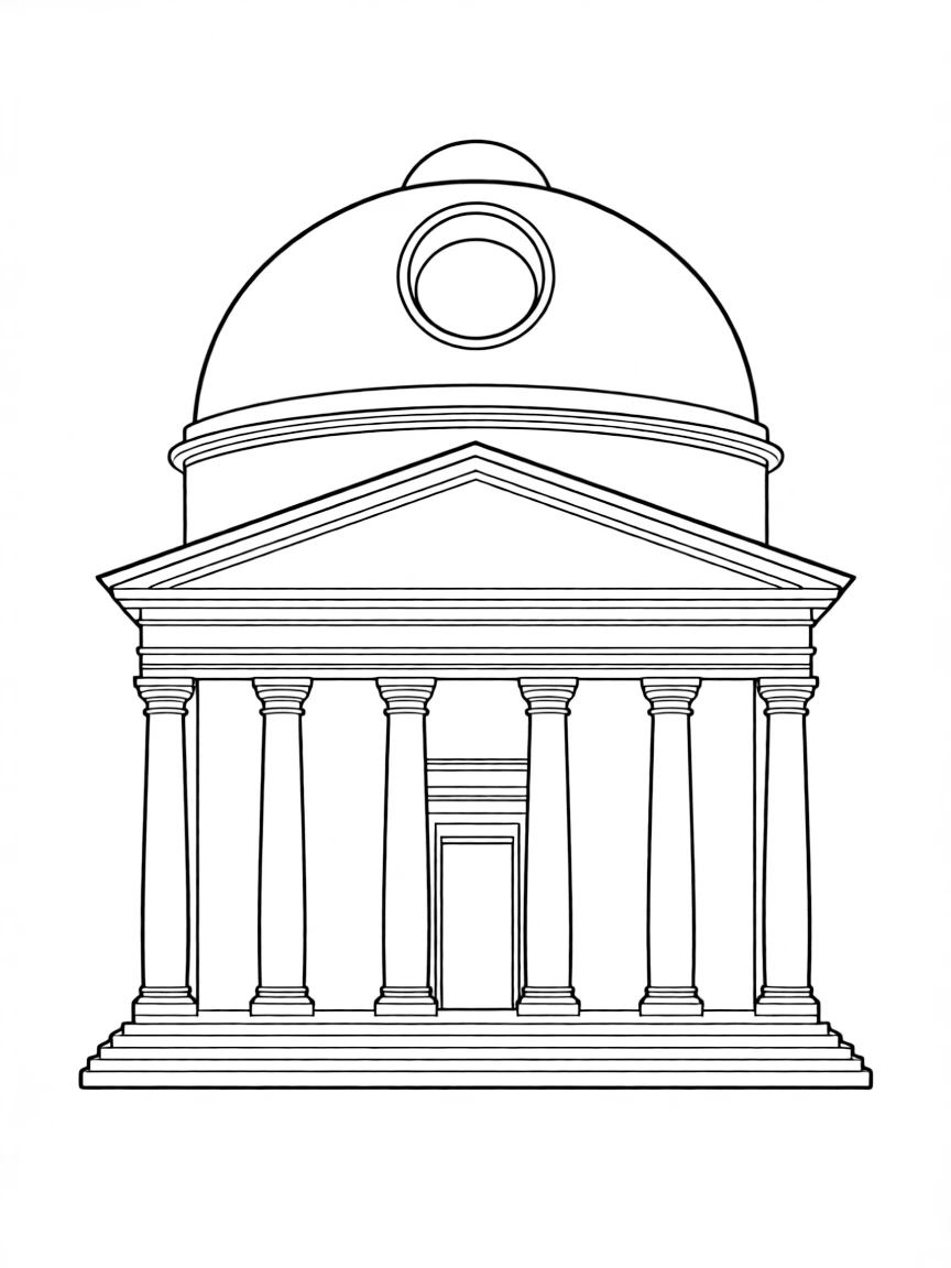 (Italy) The Pantheon in Rome with its tall columns and a round dome that has a big open hole at the top.