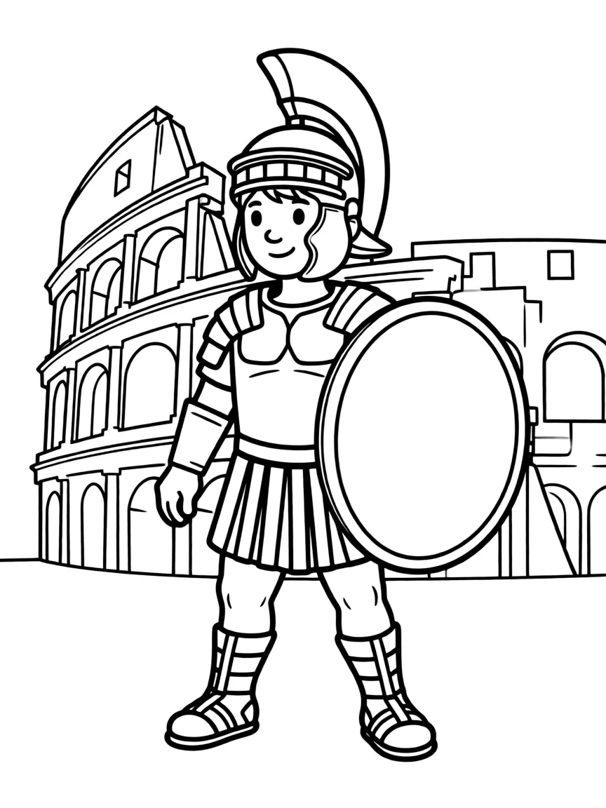 (Italy) A brave Roman gladiator wearing armor and a helmet, holding a shield in the Colosseum.