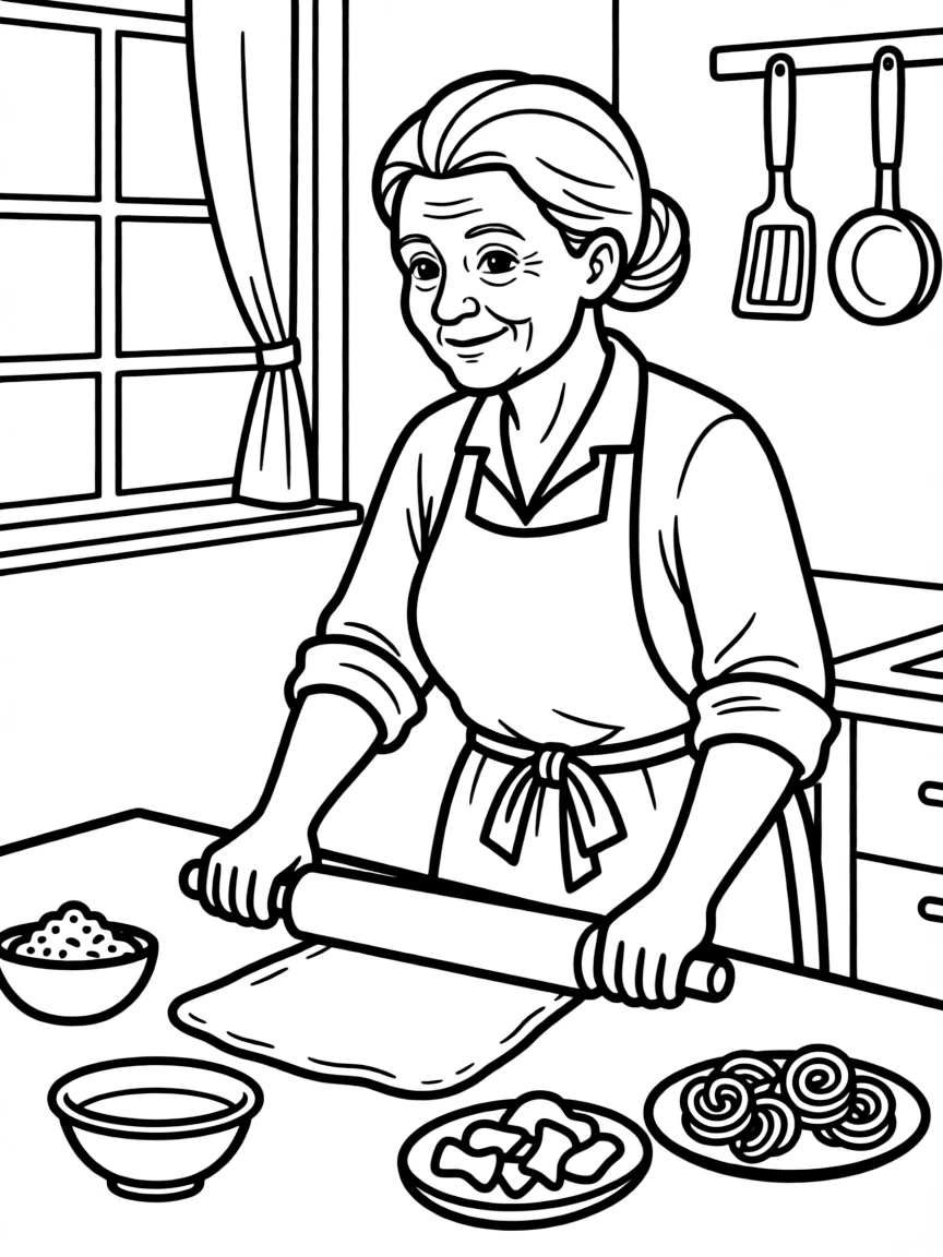 (Italy) An Italian grandmother (Nonna) rolling out fresh pasta dough with a wooden rolling pin.
