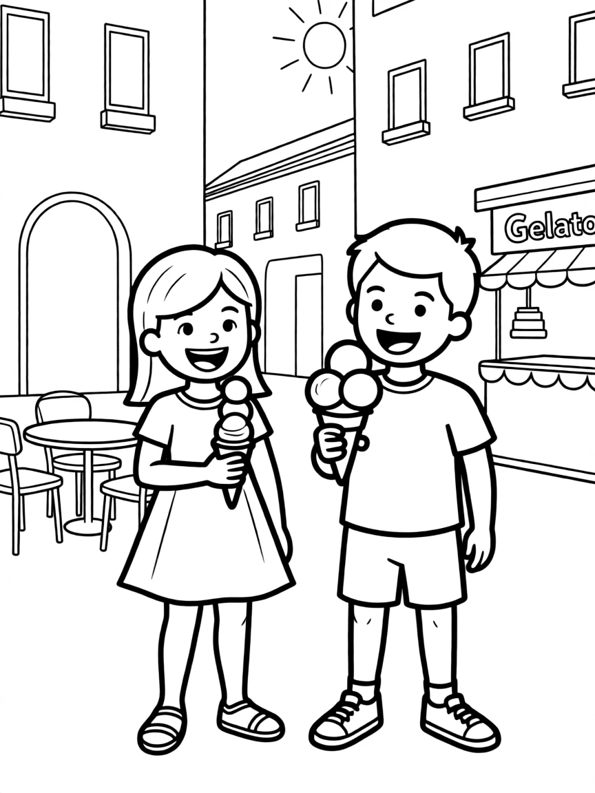 (Italy) Two children happily eating gelato ice cream cones in a sunny Italian piazza.
