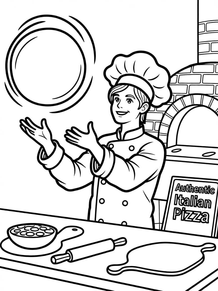 (Italy) A chef tossing a spinning pizza dough high in the air at a pizzeria.