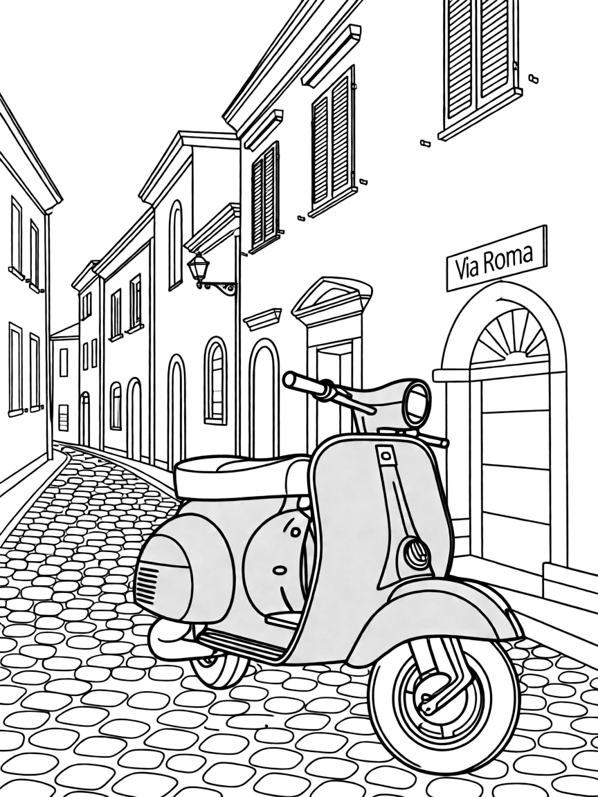 (Italy) A bright red Vespa scooter parked on a narrow cobblestone street with old buildings.