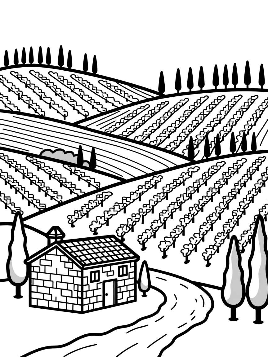 (Italy) A scenic Tuscan countryside with rolling hills, vineyards, and tall cypress trees.