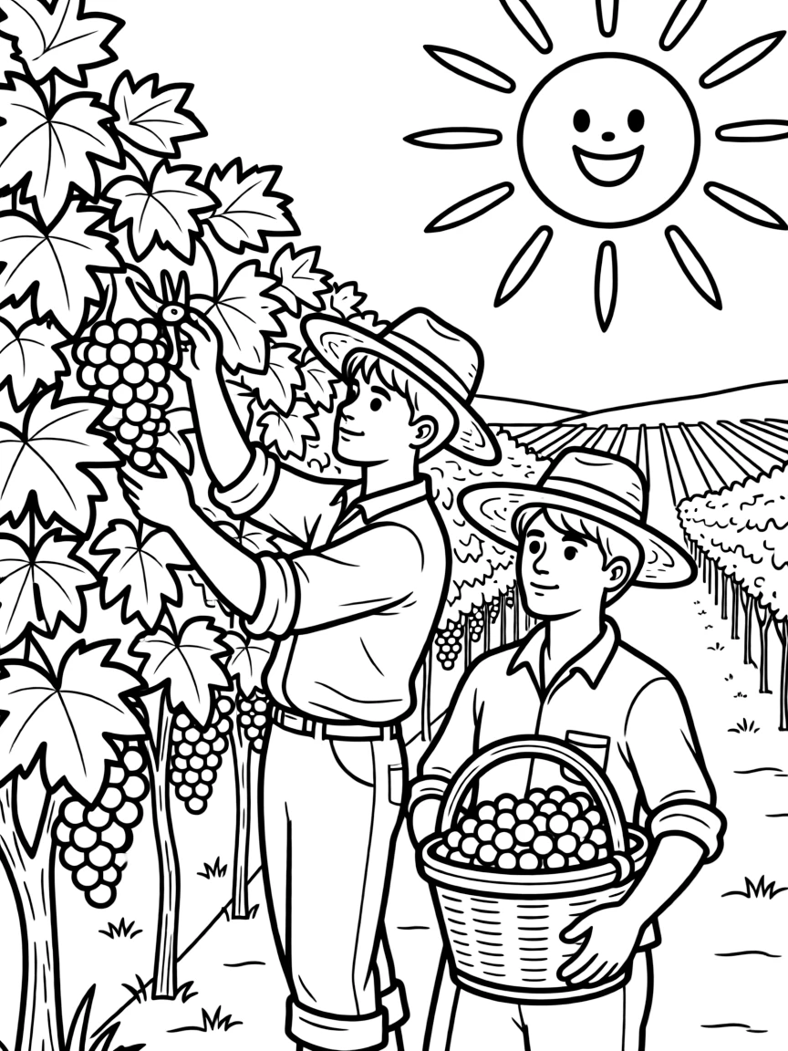 (Italy) Farmers harvesting bunches of purple grapes in a sunny vineyard.