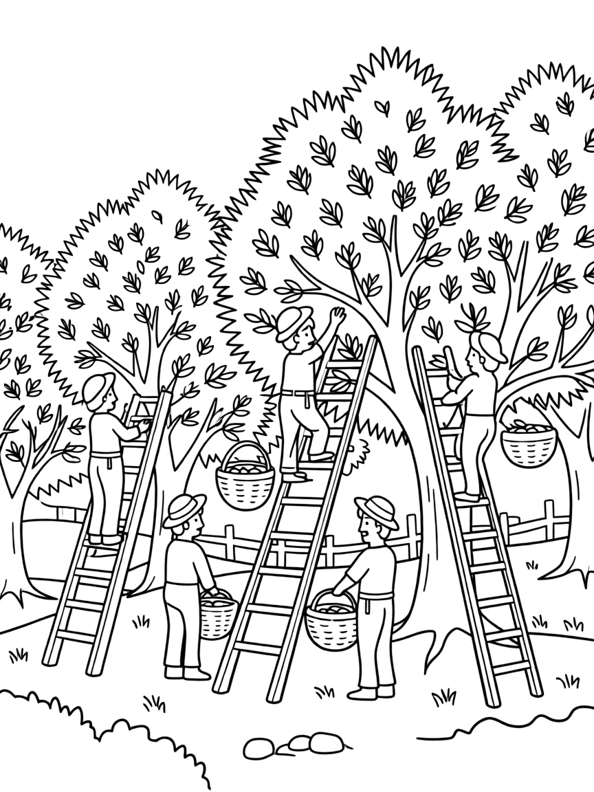 (Italy) An olive orchard with workers up in the trees picking olives.